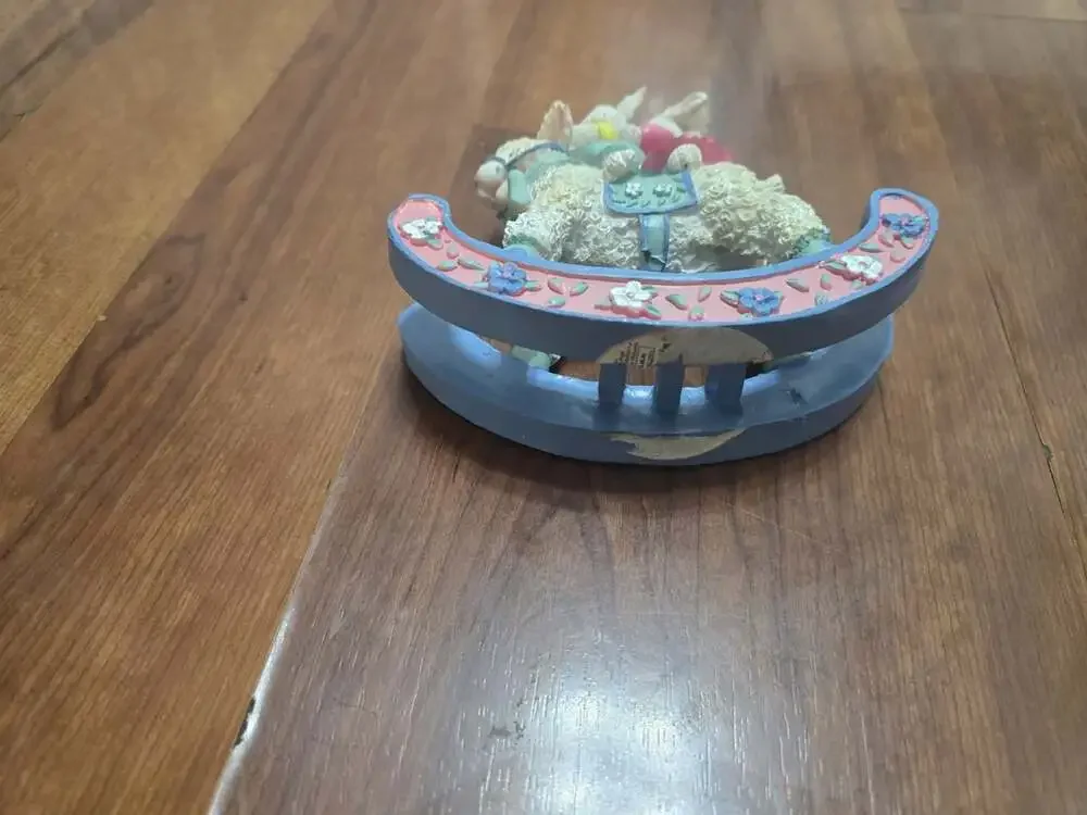 Vintage Resin Easter Bunny Rabbit Figurines Riding On Blue Rocking Lamb READ